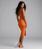 Soak up the season in the Toasty Sweetheart V-Neck Bodycon Knit Midi Dress, a orange sundress styled for easy days, outdoor plans, and everything in between.