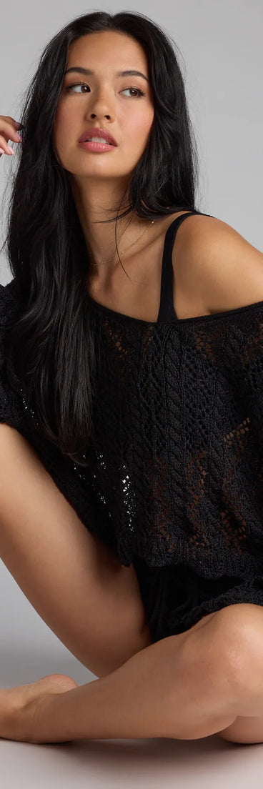 For college campus looks, game day outfits, or a bold going-out vibe, the Breezy Nights Crop Crochet Sweater is an on-trend black crop top that easily styles with your favorite denim.