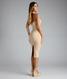The Curve Avenue Halter V-Neck Bodycon Midi Dress in beige features a flattering fit and mid-calf hem, redefining effortless midi dresses for any occasion.