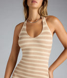 The Curve Avenue Halter V-Neck Bodycon Midi Dress in beige features a flattering fit and mid-calf hem, redefining effortless midi dresses for any occasion.