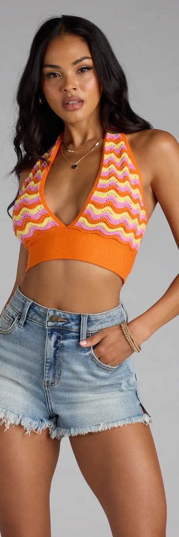 Trendy women’s tops in orange, like the Summer Icon Striped Crochet Halter Top, bring effortless style for fall layering, lounging, or going out.