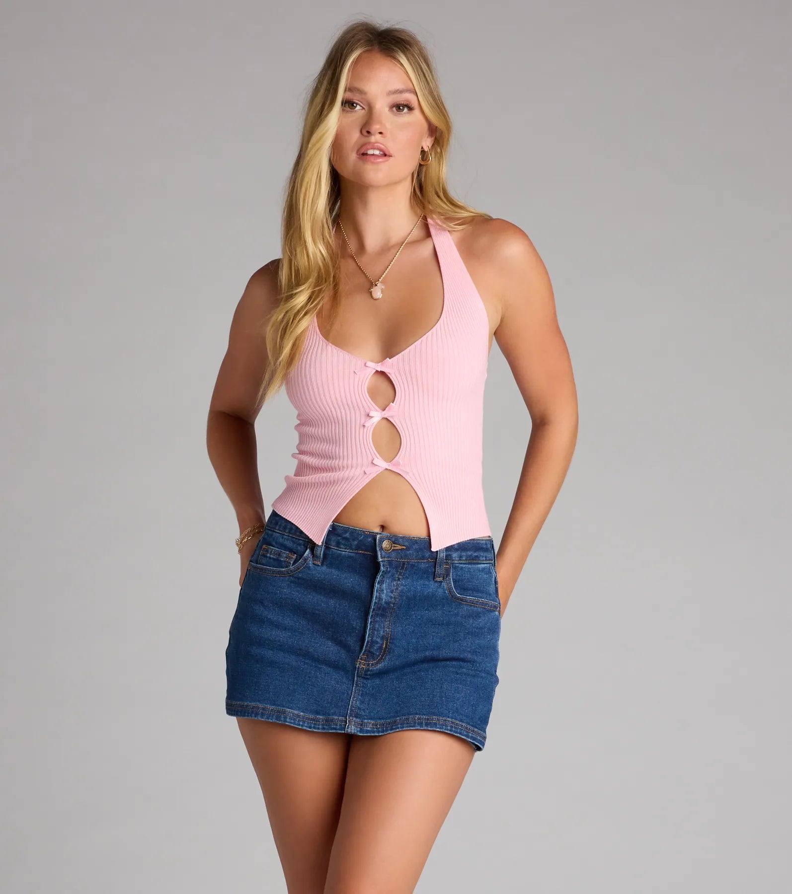 ★SCULPTOR★ Backless Knit Halter Top Pink SC23S252PK Sculpt Knit Backless Halter Top | Aritzia US