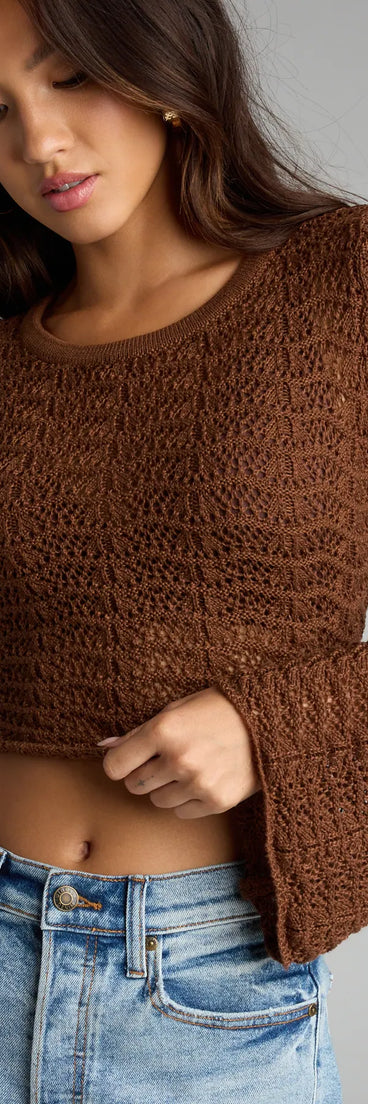 Trendy women’s tops in brown, like the Tied Up In Vibes Crochet Sweater, bring effortless style for fall layering, lounging, or going out.