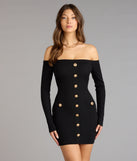 Buttoned Up Charm Off-The-Shoulder Mini Dress