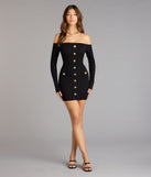 Buttoned Up Charm Off-The-Shoulder Mini Dress