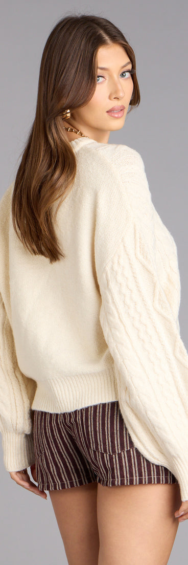 This piece brings trend-right energy to the Snuggle Season Cable Knit Sweater, perfect for fall outfits that stand out.