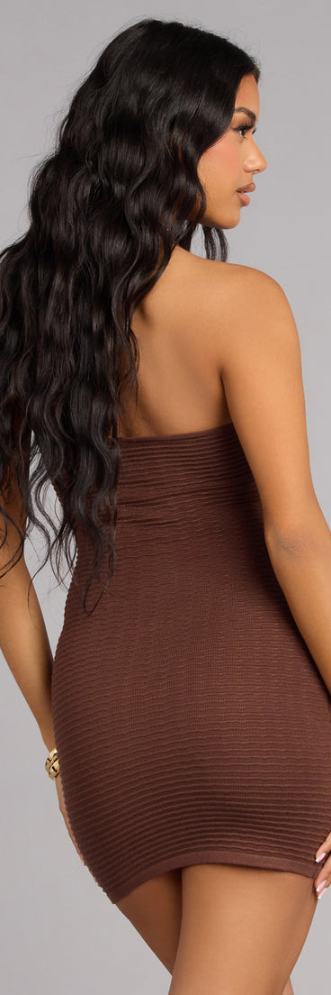 Shop a mini dress like the Bold Allure O-Ring Cutout Bodycon Mini Dress in brown with a curve-hugging shape, playful length, and chic detail for any occasion.