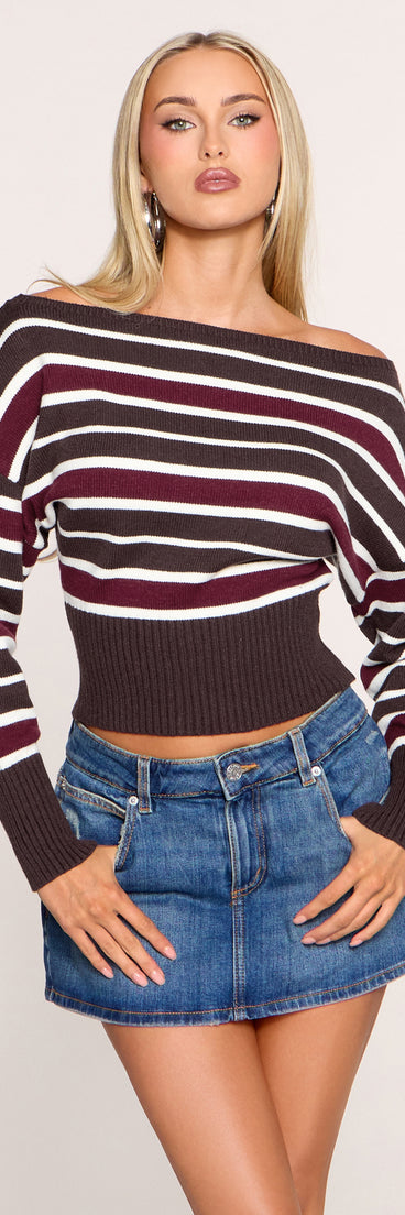 In Line Striped Rib Knit Boat Neck Sweater