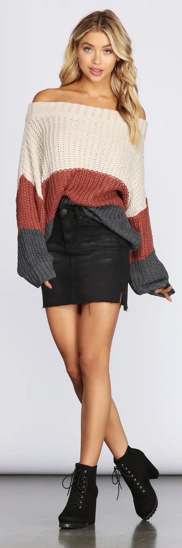 Cozy Colorblock Off The Shoulder Sweater