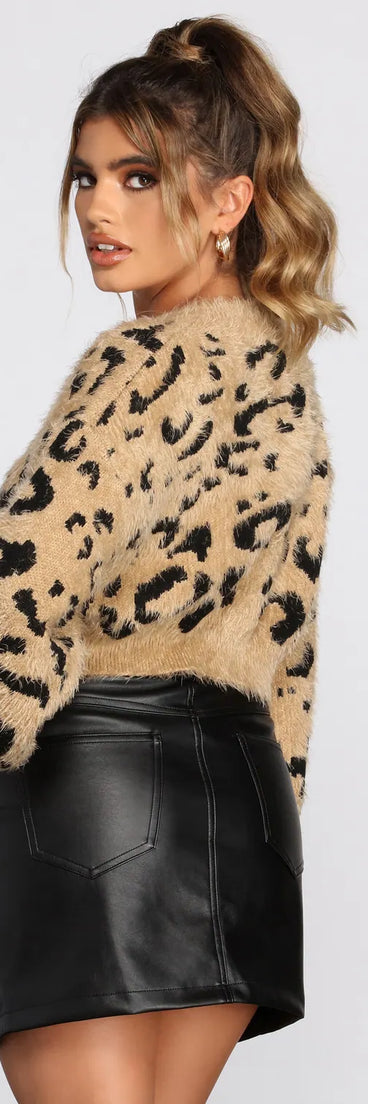 Leopard Print Eyelash Knit Cropped Sweater
