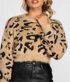 Leopard Print Eyelash Knit Cropped Sweater