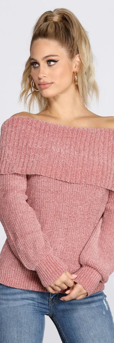 Chic Off The Shoulder Chenille Sweater