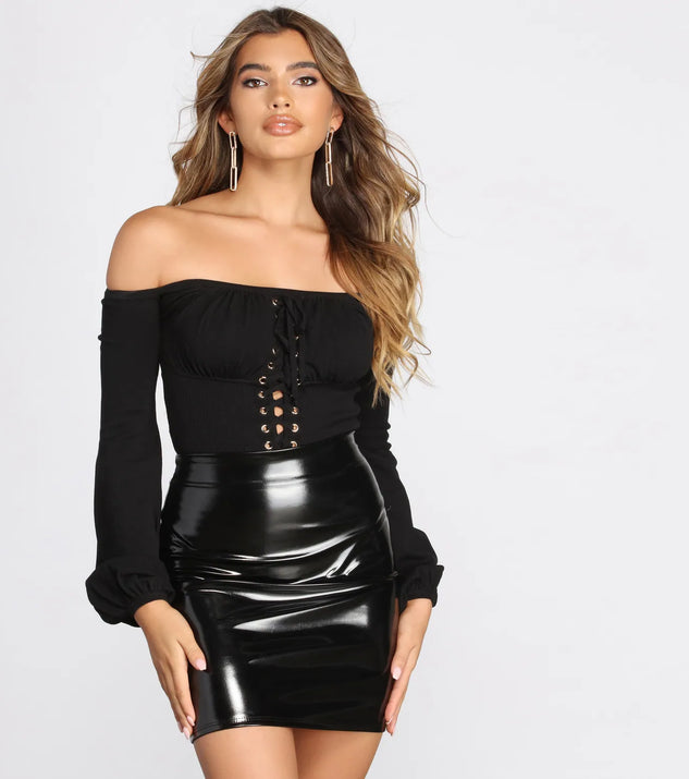 Lace Knit Up Off Shoulder Bodysuit