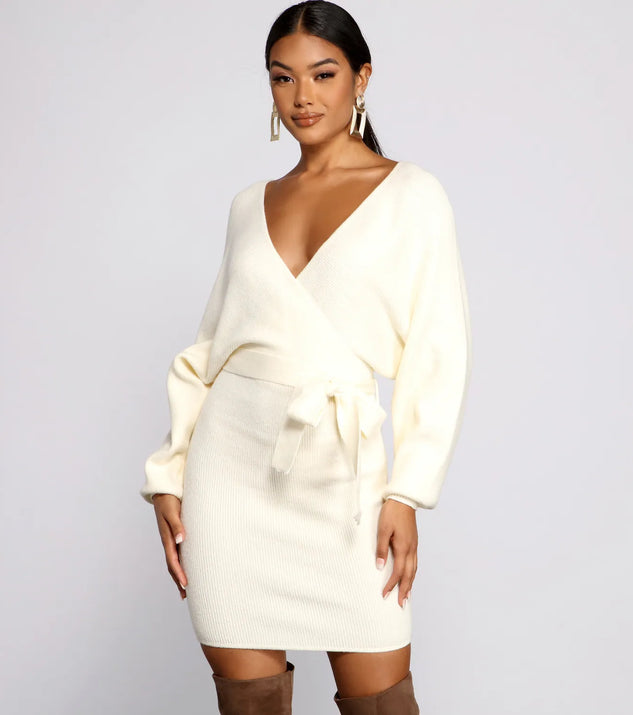 Tie Front Wrap Mini Sweater Dress