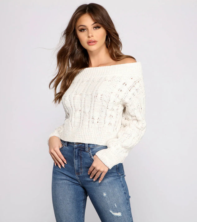 Cozy Off The Shoulder Cable Knit Sweater
