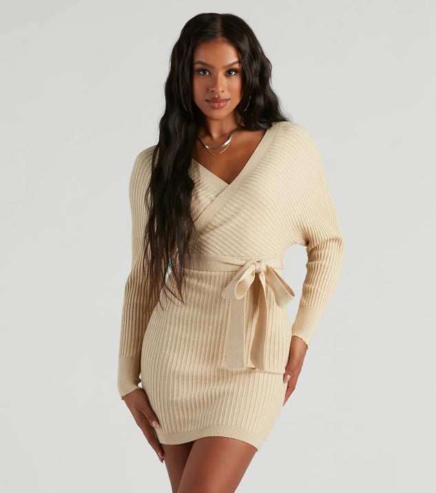 Ribbed Knit Tie-Front Mini Sweater Dress | Windsor Ribbed Knit Tie-Front Mini Sweater Dress | Windsor