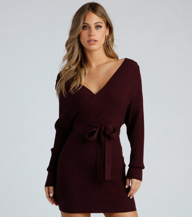 Ribbed Knit Tie-Front Mini Sweater Dress | Windsor Ribbed Knit Tie-Front Mini Sweater Dress | Windsor