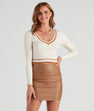The Pep It Up Cable Knit Sweater in ivory with a modern design and trendy look is part of the latest women's tops collection to elevate your 2025 wardrobe.