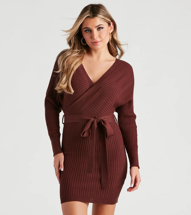 Ribbed Knit Tie-Front Mini Sweater Dress Ribbed Knit Tie-Front Mini Sweater Dress