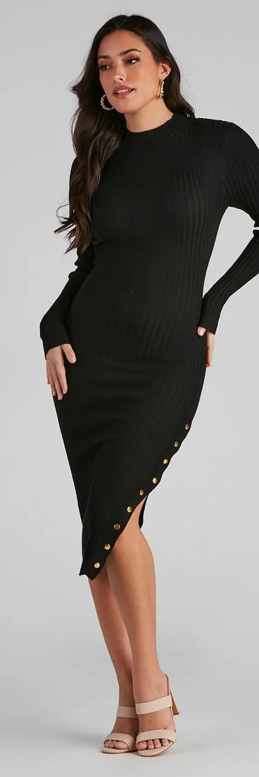 Oh Snap Mock Neck Ribbed Midi Dress