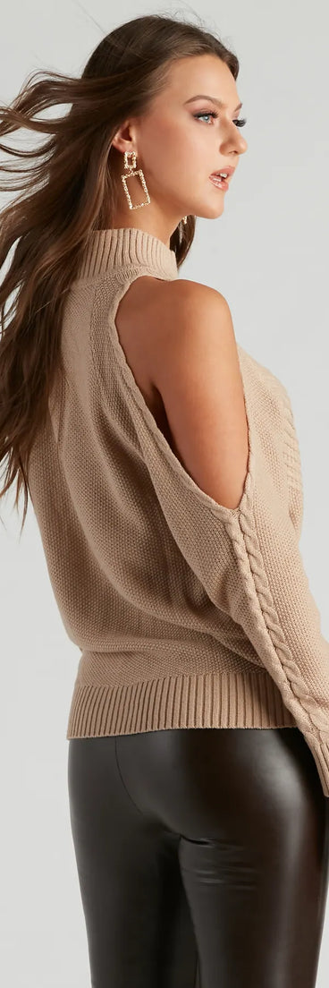 Chic In Cable Knit Cold Shoulder Sweater