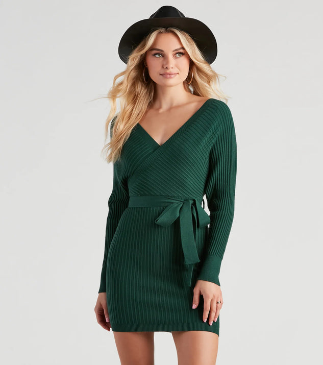 dolman ribbed mini sweater dress Ribbed Knit Tie-Front Mini Sweater Dress
