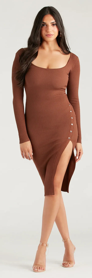 Stylish Snap Button Sweater Midi Dress