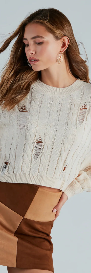 Latte Meet Up Distressed Cable Knit Sweater