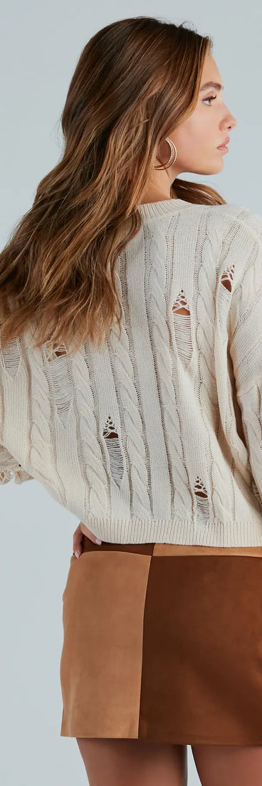 Latte Meet Up Distressed Cable Knit Sweater