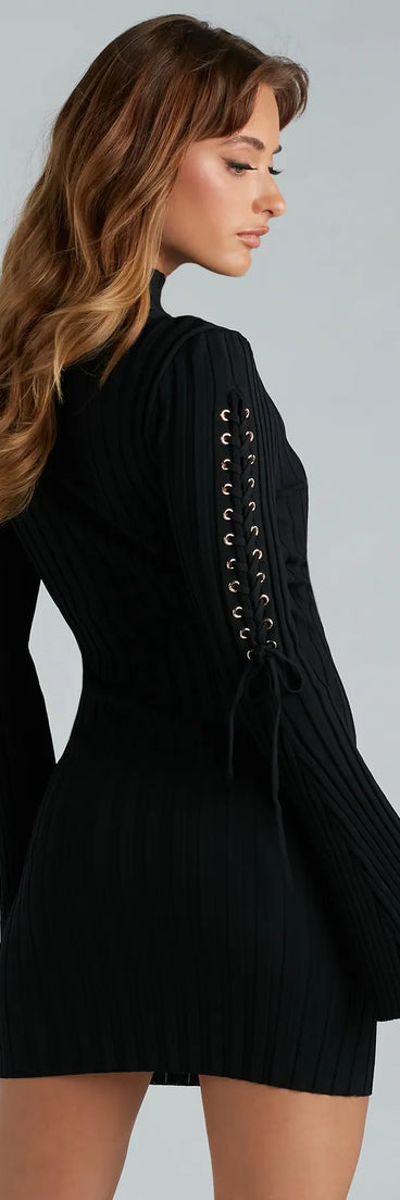 Make An Appearance Lace-Up Sweater Mini Dress