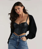Complete your outfits with the Sweet And Cozy Oversized Knit Sweater Bolero, a black fashion jacket that adds stylish edge and versatile appeal.