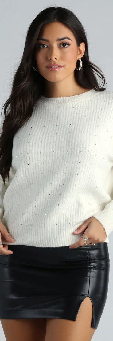 She Dazzles Long Sleeve Rhinestone Knit Sweater