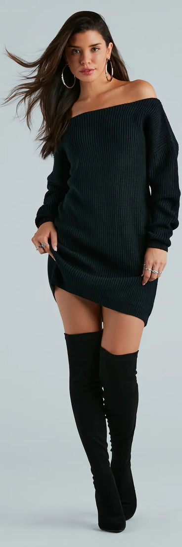 Casual And Cozy Off-The-Shoulder Sweater Dress