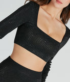 Midnight Glitz Rhinestone Long Sleeve Crop Top