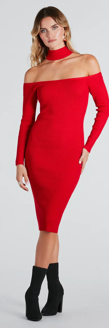 Highly Selective Choker Neck Sweater Midi Dress