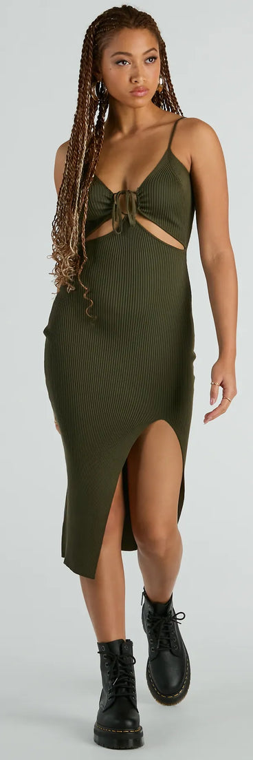 The Such A Serve Cutout Strappy Ribbed Knit Midi Dress offers a versatile winter style, with a cozy sweater knit perfect for office wear, casual day outings, or layered winter outfits.