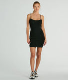 Make a bold statement in the Simple Staple Ribbed Knit Bodycon Mini Dress in black, the perfect spring dress for weddings, cocktail hours, nights out, and/or seasonal celebrations.