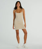 Make a bold statement in the Simple Staple Ribbed Knit Bodycon Mini Dress in taupe, the perfect spring dress for weddings, cocktail hours, nights out, and/or seasonal celebrations.