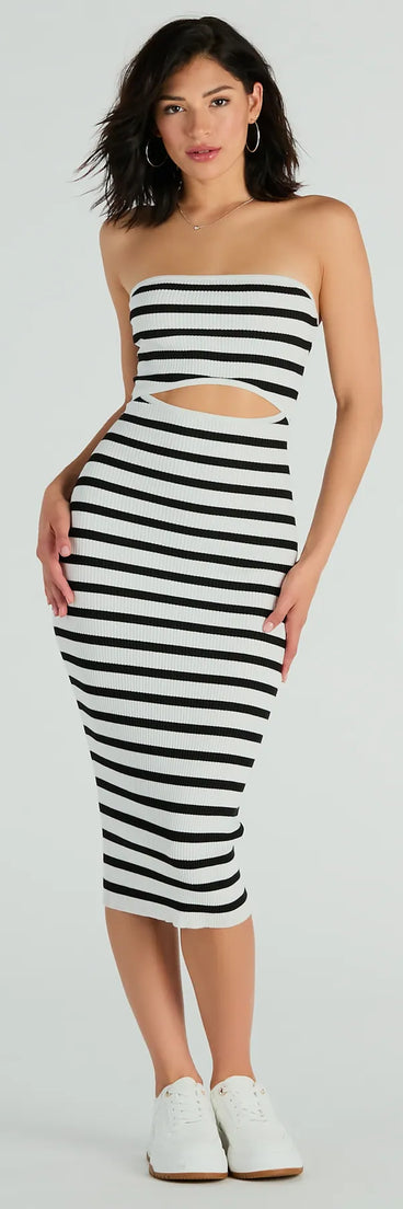 The midi dress length on the Babe In Stripes Strapless Cutout Ribbed Knit Midi Dress provides an elevated silhouette perfect for any party, occasion, or everyday styling.