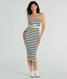 The midi dress length on the Babe In Stripes Strapless Cutout Ribbed Knit Midi Dress provides an elevated silhouette perfect for any party, occasion, or everyday styling.