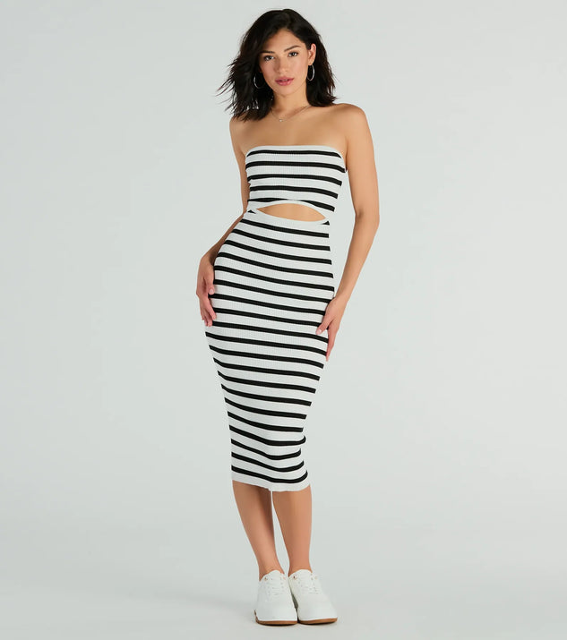 The midi dress length on the Babe In Stripes Strapless Cutout Ribbed Knit Midi Dress provides an elevated silhouette perfect for any party, occasion, or everyday styling.