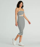 The midi dress length on the Babe In Stripes Strapless Cutout Ribbed Knit Midi Dress provides an elevated silhouette perfect for any party, occasion, or everyday styling.
