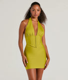 The waist-defining bodice style of the Sculpted Sultry Bandage Halter Crop Top in chartreuse is perfect for making a statement with your outfit and provides the structure, molded cups, or lace-up details that capture the corset trend