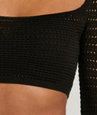 Stand out this winter in the Boho Cutie Bell Sleeve Crochet Crop Top, a women's black long-sleeve top crafted from an elevated fabric with a modern necklineperfect for party outfits, holiday attire, or elevated casual outfits.