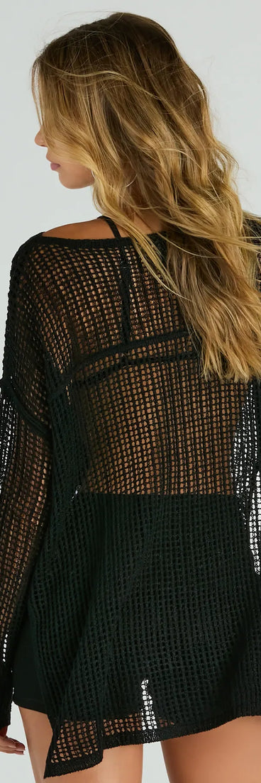 The Breezy Beauty Sheer Crochet Coverup Top is a cozy black sweater top crafted from textured knits, perfect for layering in winter outfits or adding warmth to a casual day look.