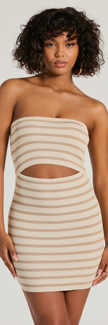 The In A Daze Strapless Cutout Striped Knit Mini Dress offers a versatile winter style, with a cozy sweater knit perfect for office wear, casual day outings, or layered winter outfits.