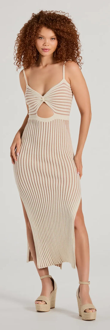 striped ribbed knit dress Pink Multi Stripe Ribbed Knit Maternity Fitted Midi Dress