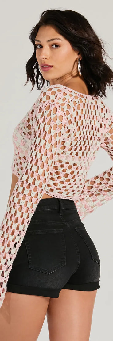 Total Trend Long Sleeve Checker Crochet Sweater