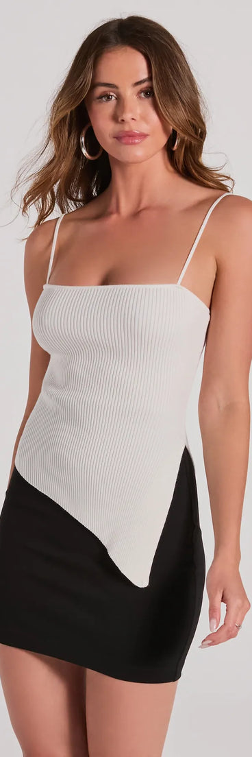 Trendy Vibe Asymmetric Ribbed Knit Top, a trendy ivory addition to women's going-out outfits, is ideal for Christmas party outfits, chic NYE attire, or winter night-out looks that keep you on-trend!