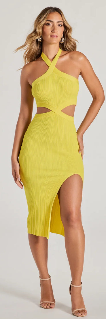 Stylish Reputation Halter Cutout Ribbed Knit Midi Dress
